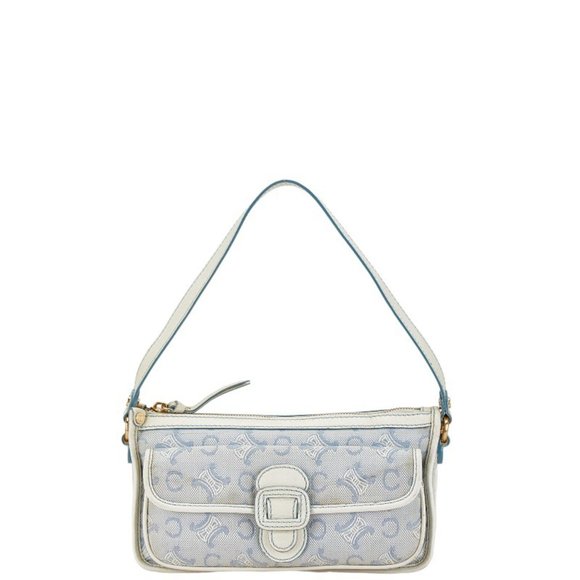 Celine Macadam Handbag Shoulder Bag Blue White Canvas Leather Women's CELINE - Picture 1 of 10